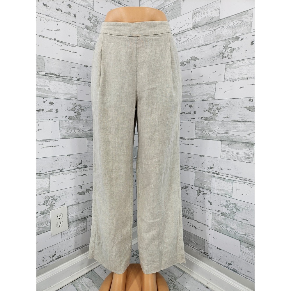 AYR Womens 100% Linen Wide Leg Pleated Pants Oatmeal Beige High Rise Elastic